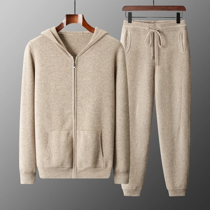 Aliselect Men 100% Merino Wool Sweater Suit Hooded Zipper Pullover Trousers Autumn Winter Thick High Quality Knitwear Pants Tops