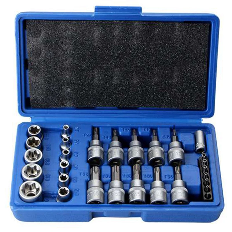 Set Of 29 Pieces Of 1/4 3/8 1/2 Star Socket Drill Bit Set Tool Male And Female E&T Socket Repair Tool