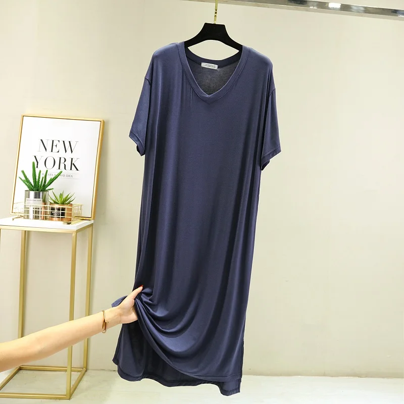 Modal Women's Summer Dress V-Neck Loose A-Line Long Skirt Sleepwear plus Size Outerwear Versatile Short Sleeve Maxi Dress