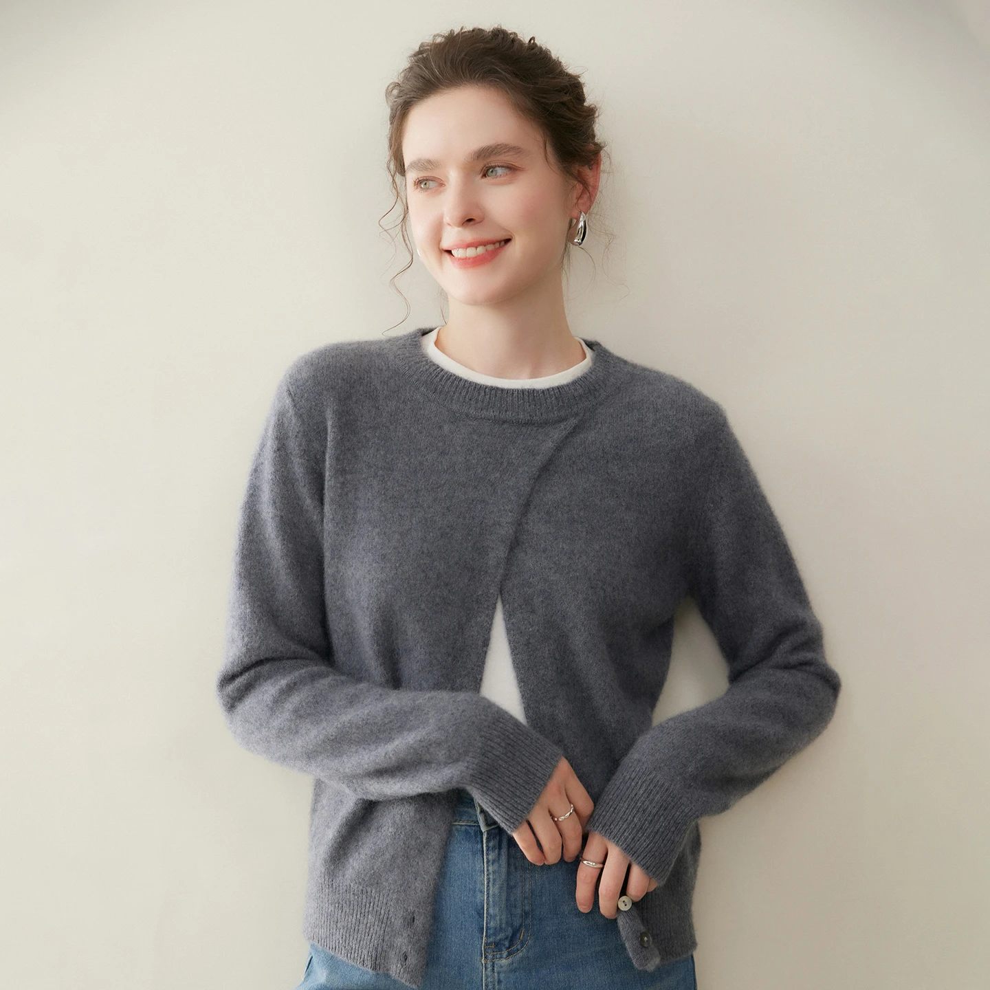 Thickened Cashmere Sweater for Women Winter Autumn Pullover Knitted Warm Diagonal Design Round Neck Double Stranded Layer