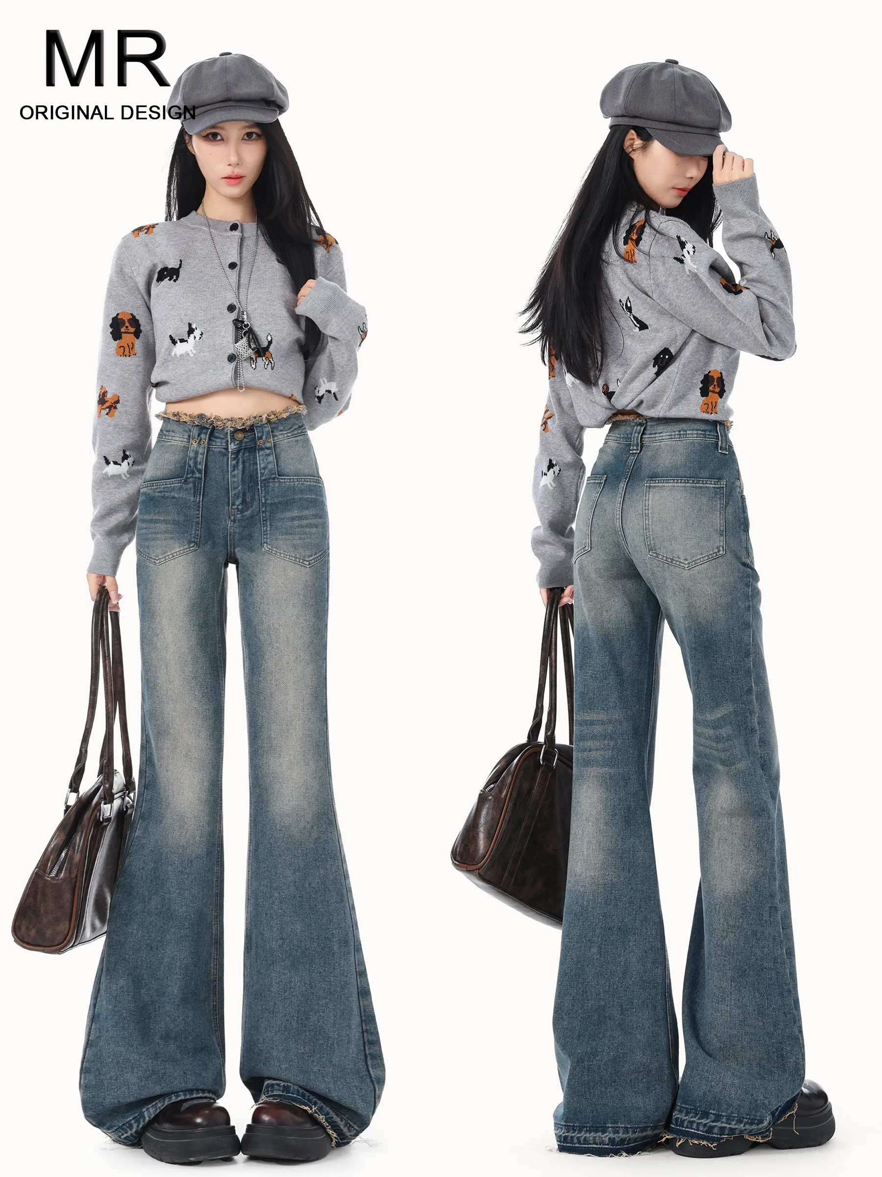 

Джинсы женские в американском стиле с высокой талией, широкими штанинами, свободного кроя, с рваным краем, удлиненные, повседневные, на пуговицах