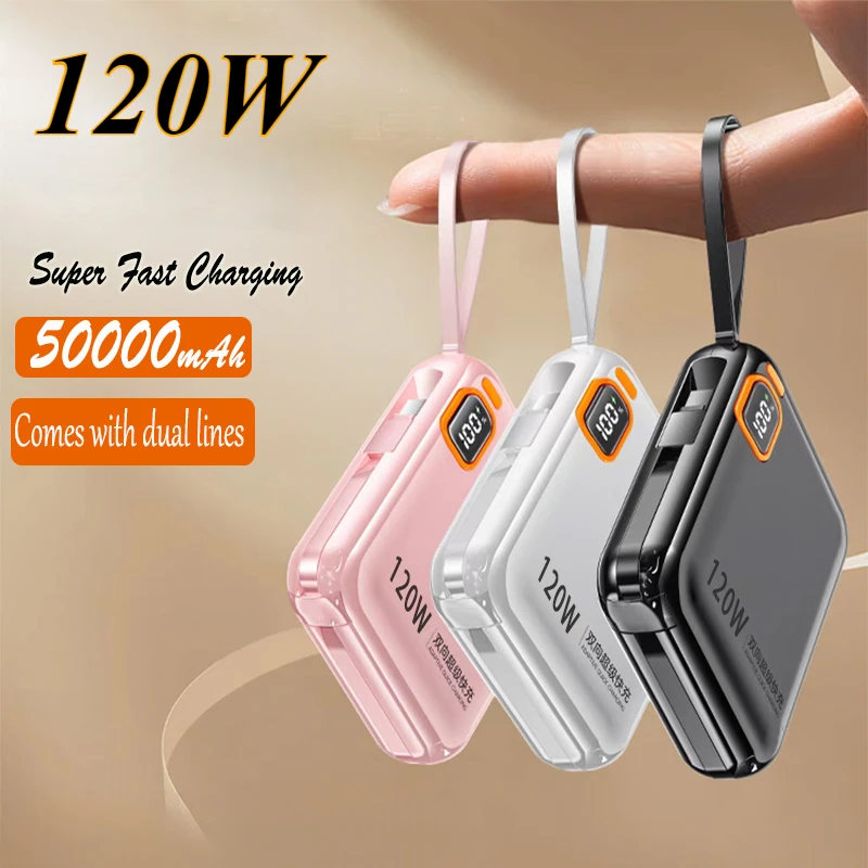 50000mAh 120W Portable Power Bank High Capacity Cable Two-way Fast Charging Mini Powerbank For iPhone Samsung Xiaomi  New