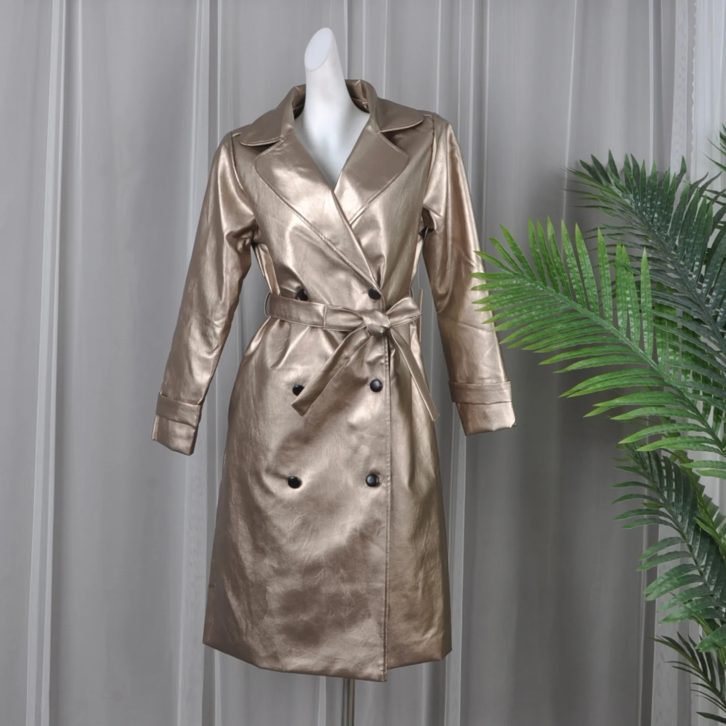 Autumn Winter PU Leather Jacket Double Breasted Coat Medium Length Women's Fashion Commute Style Synthetic Leather Coat