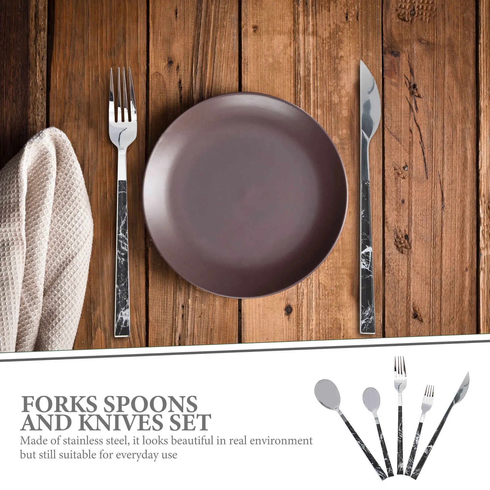 

5 Piece Black Marble Stainless Steel Cutlery Set Kitchen Silverware Forks Spoons Knives Dining Utensils