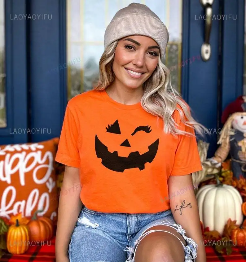 

Women Cute Halloween Winking Pumpkin Face Graphic T Shirts Girls Halloween Orange High Quality Cotton Shirt Trick Or Treat Tops
