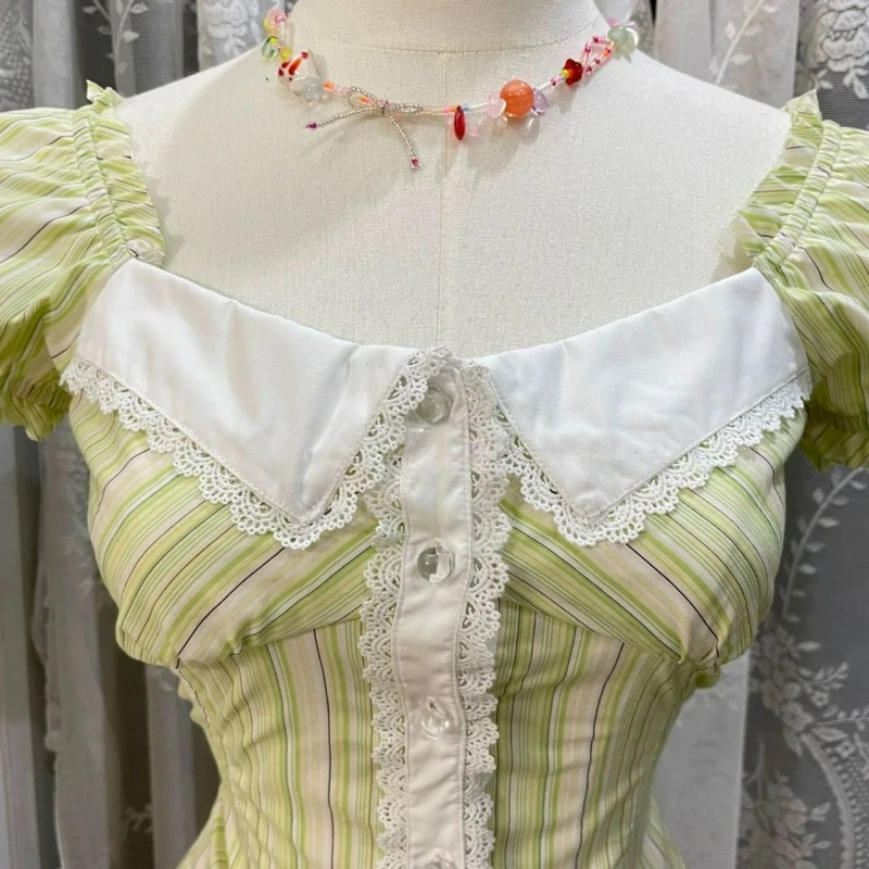 Japan Vintage Elegant Lolita Blouse Women Kawaii Cute Lace Square Neckl Stripe Shirt Summer Y2k Aesthetic Puff Short Sleeves Top view 4