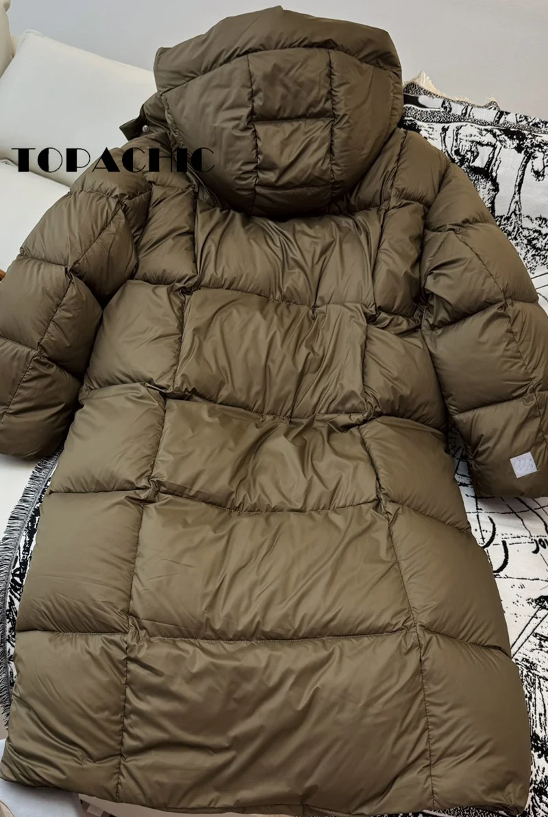 9.5 TOPACHIC-Women Fashion Long Keep Warm Thick Goose Down Outerwear Autumn Winter New Hooded Double Zipper Straight Down Jacket