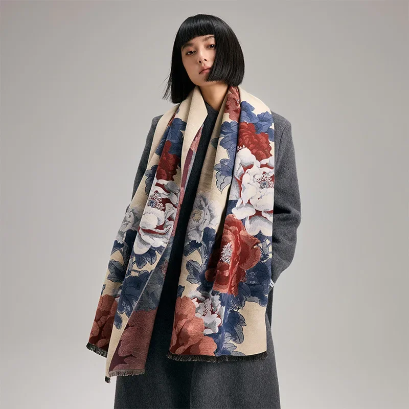

Winter Scarf Women Cashmere Poncho Warm Pashmina Peony Print Female Scarves Wraps Thick Soft Bufanda Tassels Shawl Long Stole