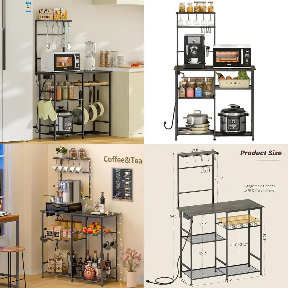 

Серая 6-ярусная кухонная полка для хранения с розеткой, подставкой для микроволновки и S-образными крючками для специй и кастрюль