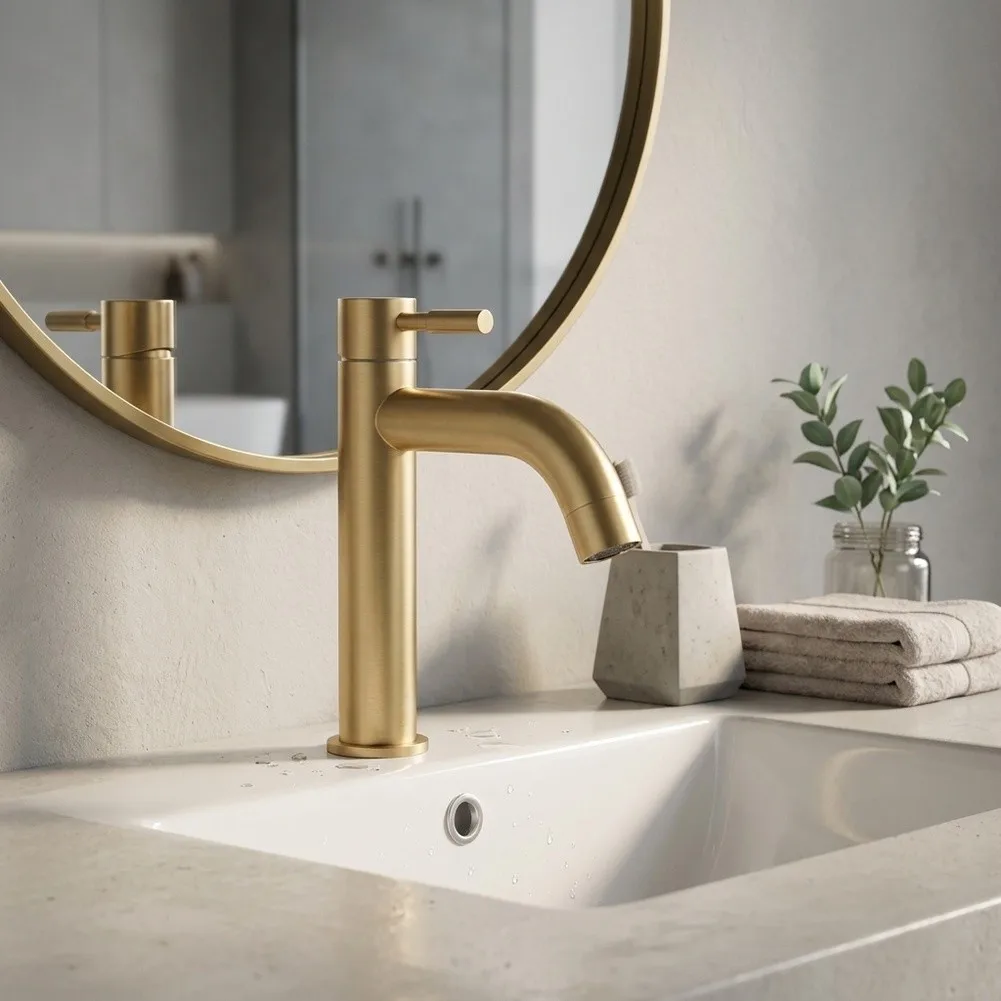 Single Cold Stainless Steel Bathroom Faucet with Brushed Gold Tone Finish for Standard Sink Mounting Requirements