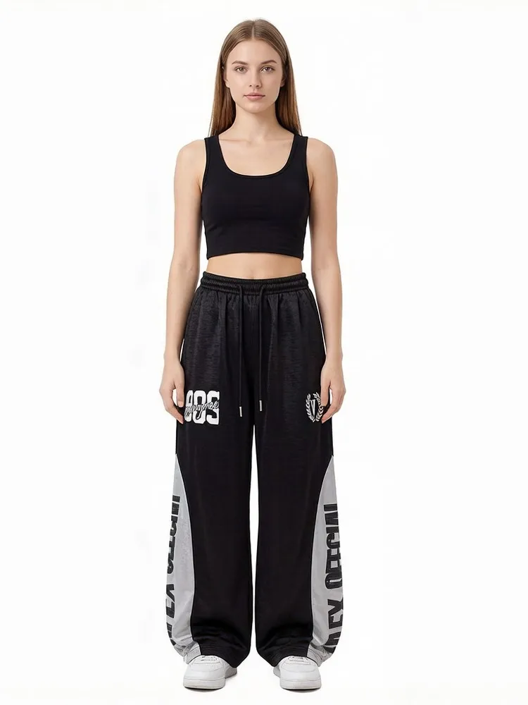 Loose Wide Leg Drawstring Elastic Waist Color Block Printed Women's Sport Sweatpants Trousers Pants for Women Streetwear