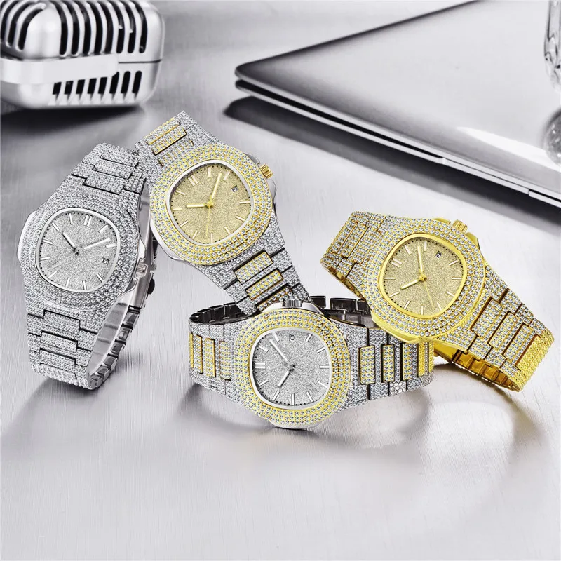 Male Golden Brand Watches Fashion Alloy Band Hip Hop Diamond Date Vintage Quartz Watch Relojes Lujo Marcas Men Montre Homme 2024