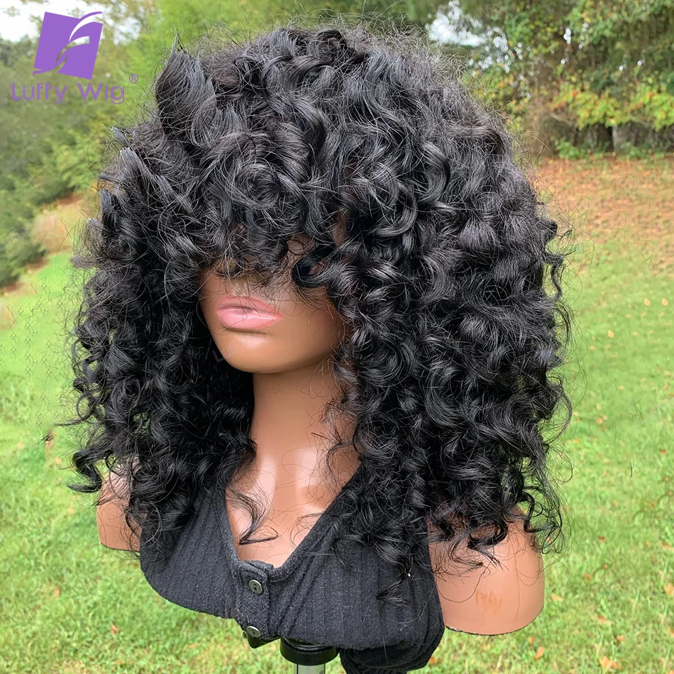 

Fringe Bangs Bouncy Curly Full Machine Made Wig Soft Black Big Curly Remy Human Hair With Bangs No Lace Front Wigs Pre-Plucked