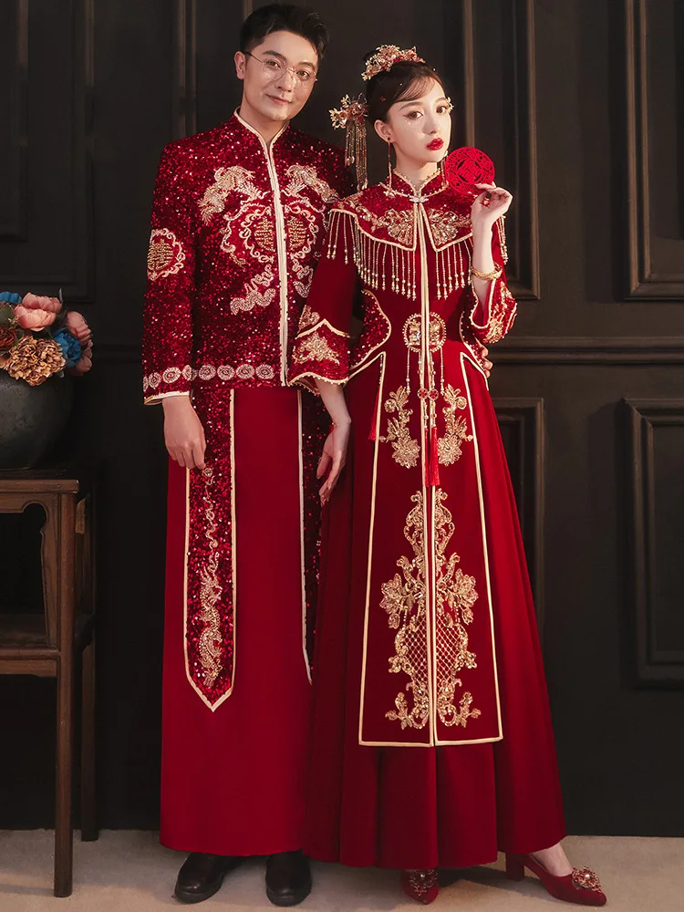 

Bride Embroidery Cheongsam Vintage Chinese Style Wedding Dress Retro Toast Clothing Lady Gown Marriage Qipao китайская одежда