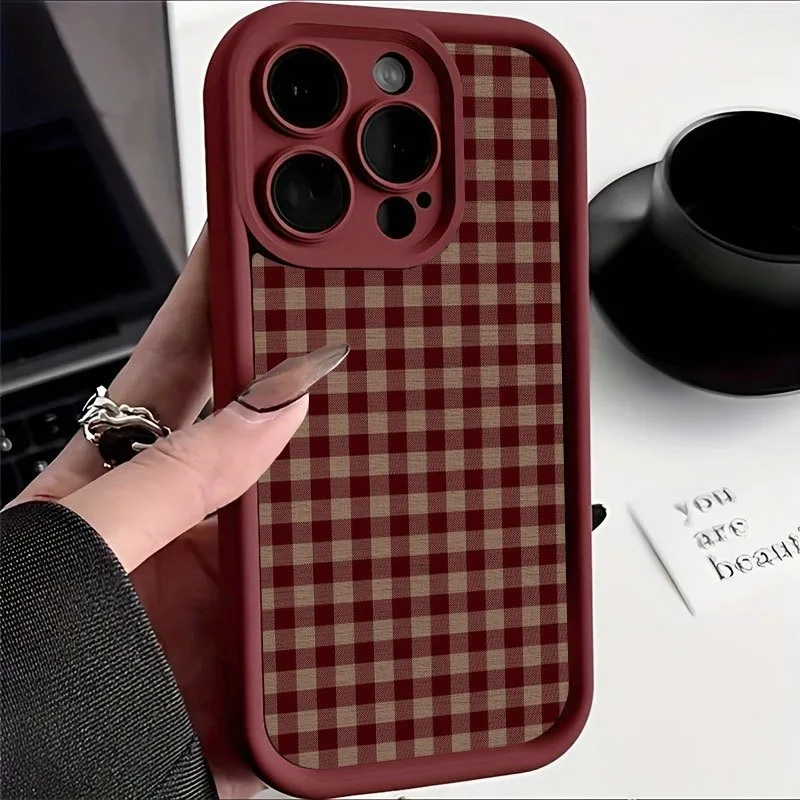 Funda de TPU con Patrón a Cuadros Rojo-Marrón Vintage para iPhone 17, Fundas para iPhone Air 16E 16 15 14 13 12 11 Pro Max XS X XR 7 8 Plus 17