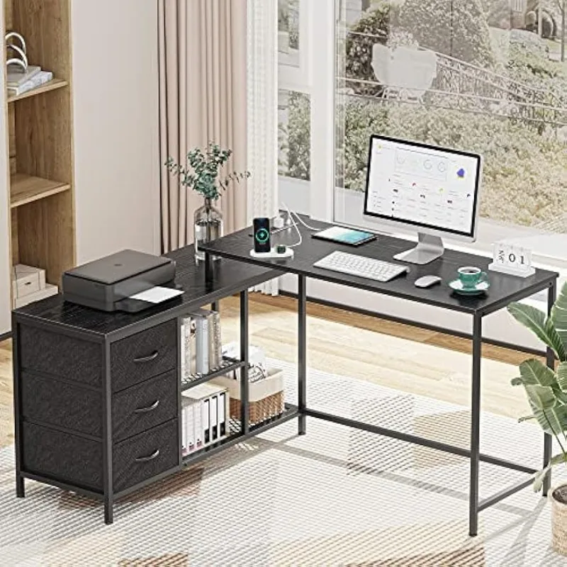 Geformter Schreibtisch mit Steckdosen, Computer tisch mit Schubladen und Regalen, Eck schreibtisch Gaming-Schreibtisch Home-Office-Schreibtisch,