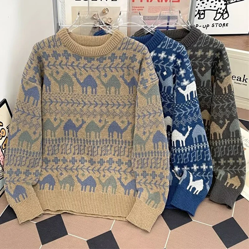 Men's Sweater Knitwear Pullover Autumn Winter Japanese Cartoon Geometry Sweater Harajuku Style Long-Sleeved Warm Knit Sweater
