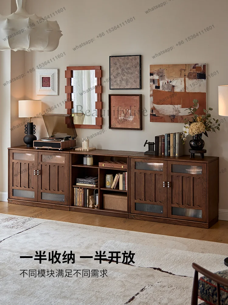 

French medieval style modular combination TV cabinet solid wood display floor-to-ceiling retro storage cabinet