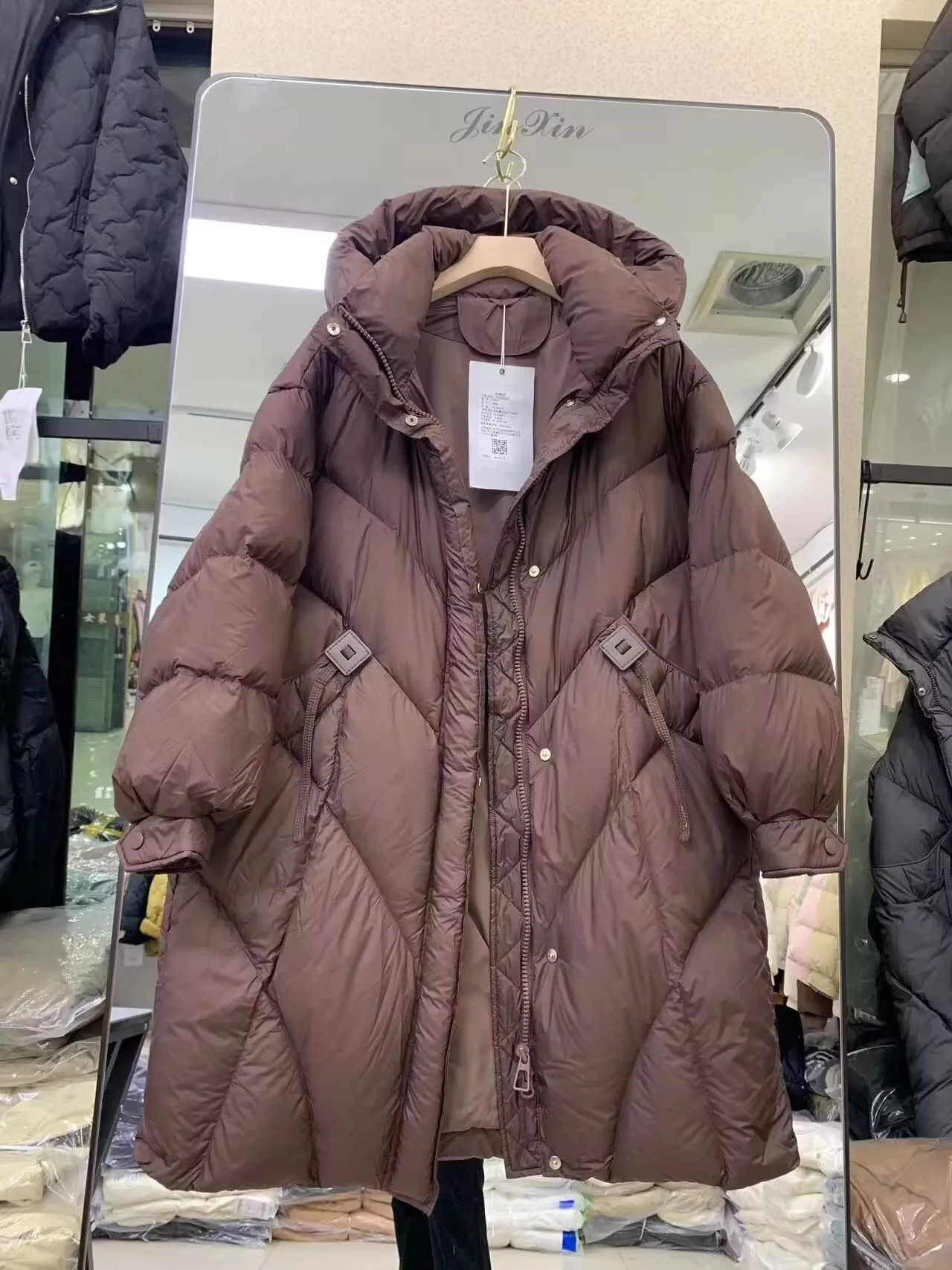 

Winter Mid Length Solid Hooded Down Jacket Women White Duck Down Double Zipper Parker Outwears Female Thicken Warm Puff Jackets