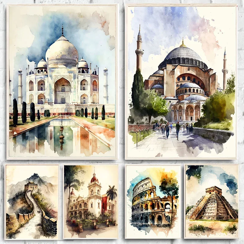 World Historic Site Great Wall Pyramid Taj Mahal Ruins Art Poster Watercolor Canvas Painting Wall Prints Picture Room Home Decor