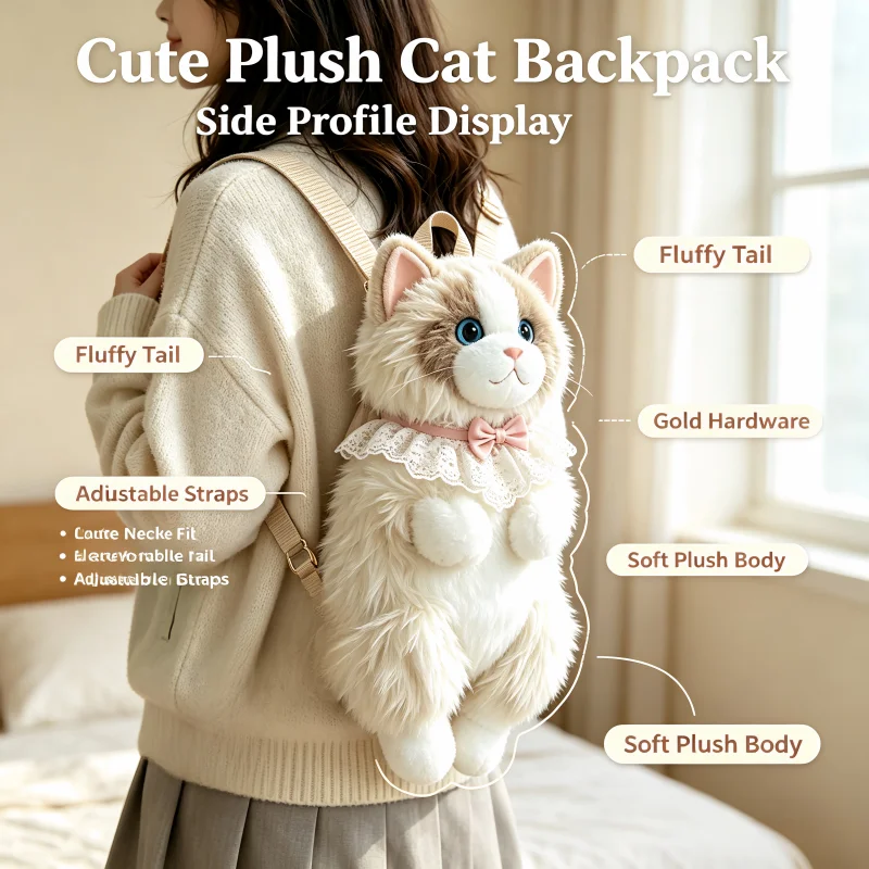 Cute Simulated Cat Designer Backpack Women Kawaii Soft Plush Trendy Backpack Purse for Woman School Bag Gift for Girls