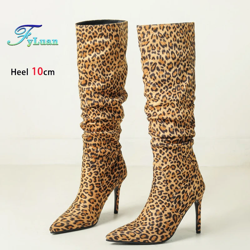 Women Suede Leopard Print Pointed Long Boots 10CM Thin Heels Slip On Fashion Pleated Boots Catwalk Shown Ladies Shoes Size 34-43