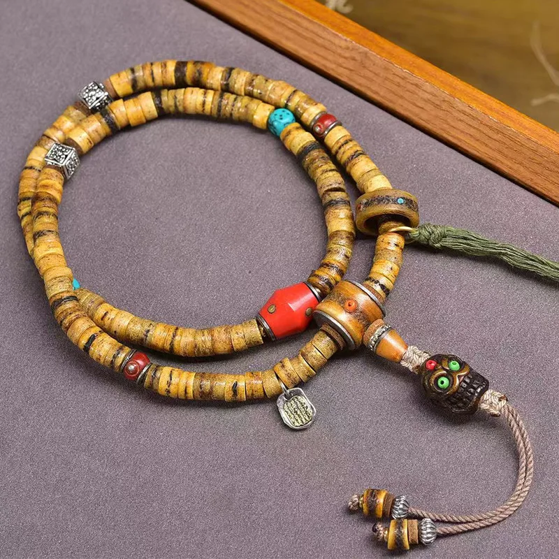 Yak bone 108-bead Buddhist prayer beads, neck pendant collectible item   three-way Buddha head  decorative accessory