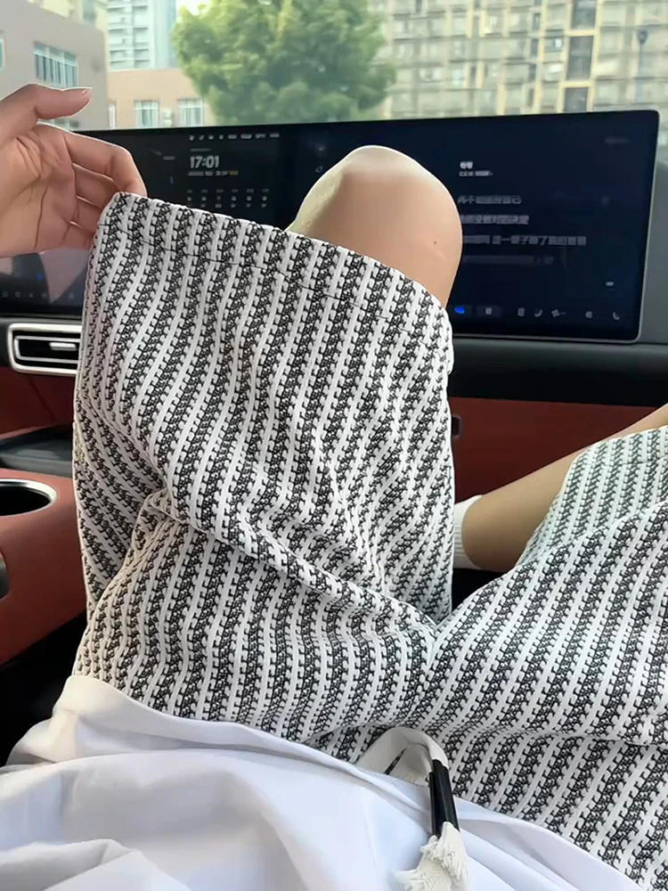 

American Retro Knitted Stripe Men's orts Summer Thin Casual Sports Pants Design Outerwear Five-Quarter Pants Breathable