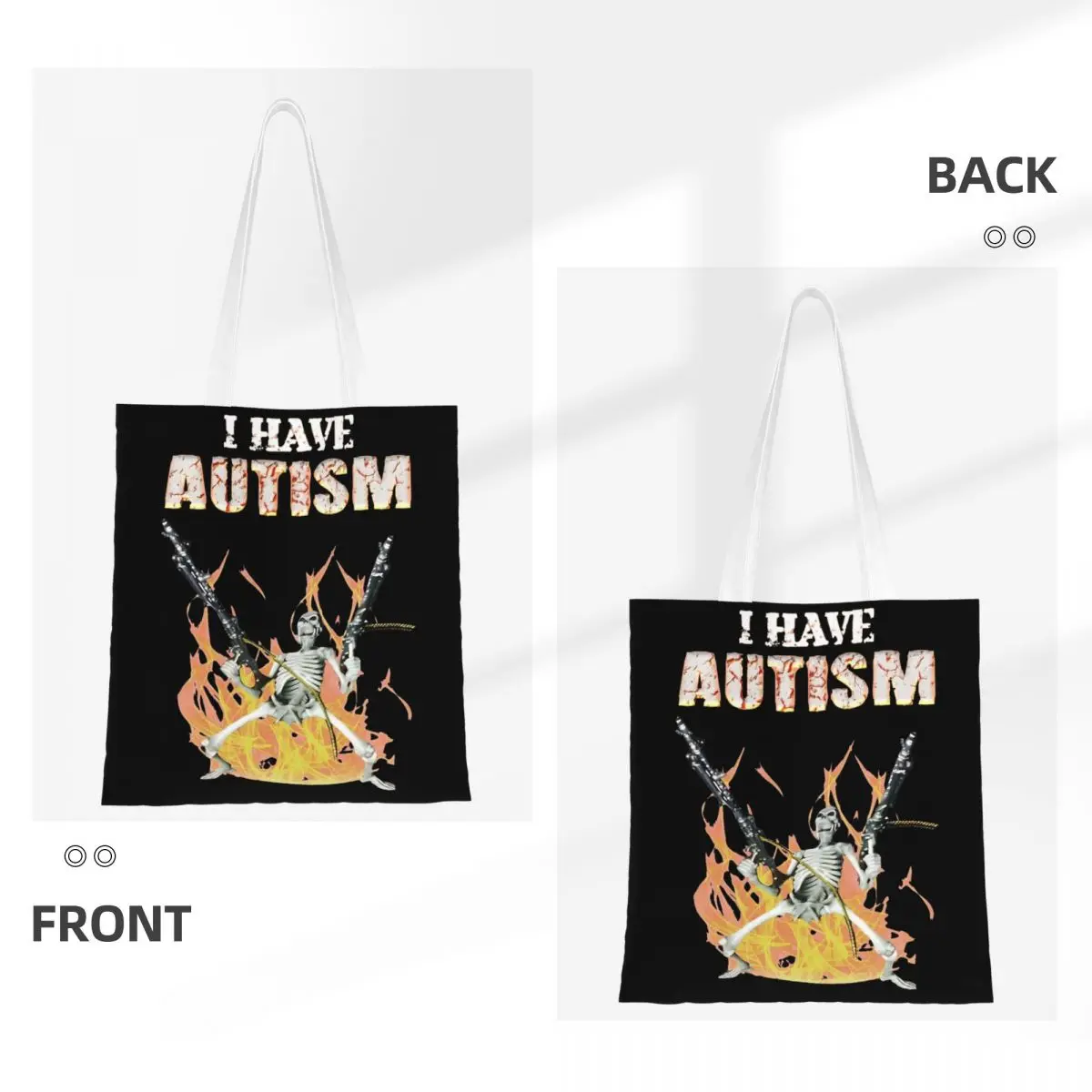 Sacola de lona com esqueleto engraçado do crânio Meme, Trendy Large Capacity Shopping Bag para Unisex, Autismo Bolsas Estudantis, Eu tenho autismo