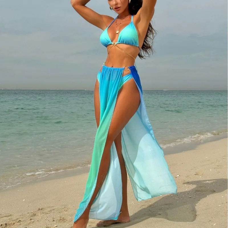 

Women's European and American fashion gradient mesh long skirt chain decoration strap sexy bikini three piece set swimsuit
