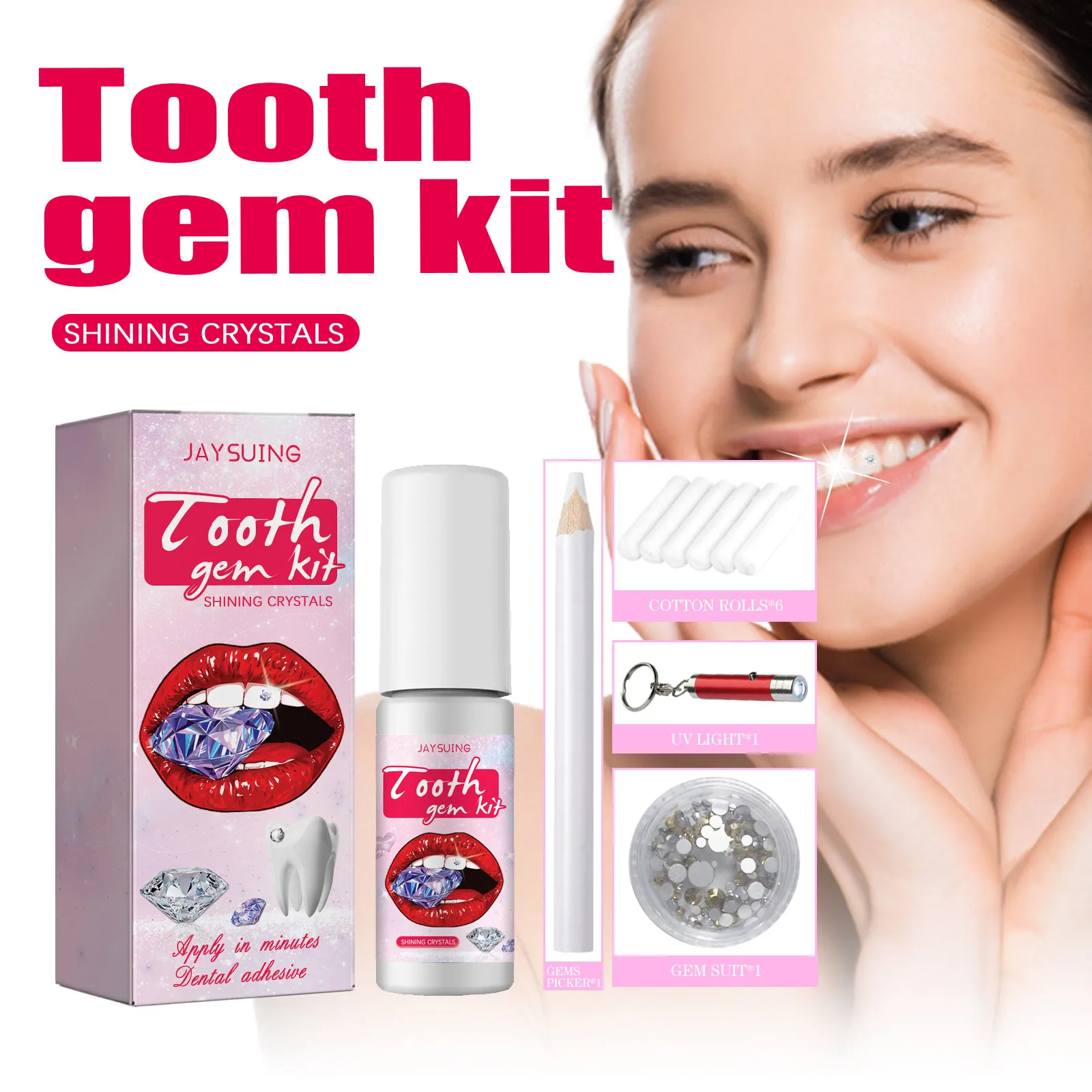Tooth Gem Set White Rhinestone DIY Dental Jewelry Beautiful Easy To Remove Install Sturdy Gems With Curing Light And Glue