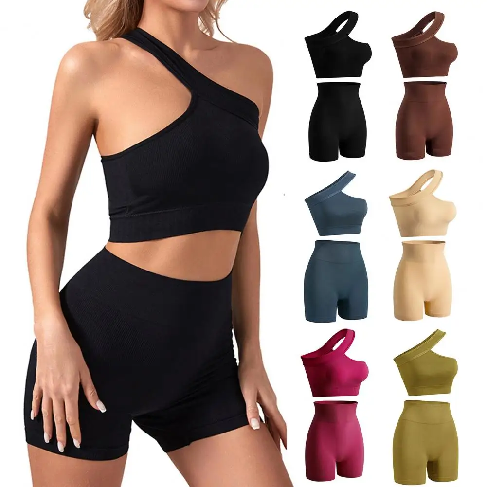 2 Pcs/Set Women Summer Sportswear Off Shoulder Tight Sleeveless With Sponge Cup Butt-lifted Lady Fitness Yoga Vest Shorts Set