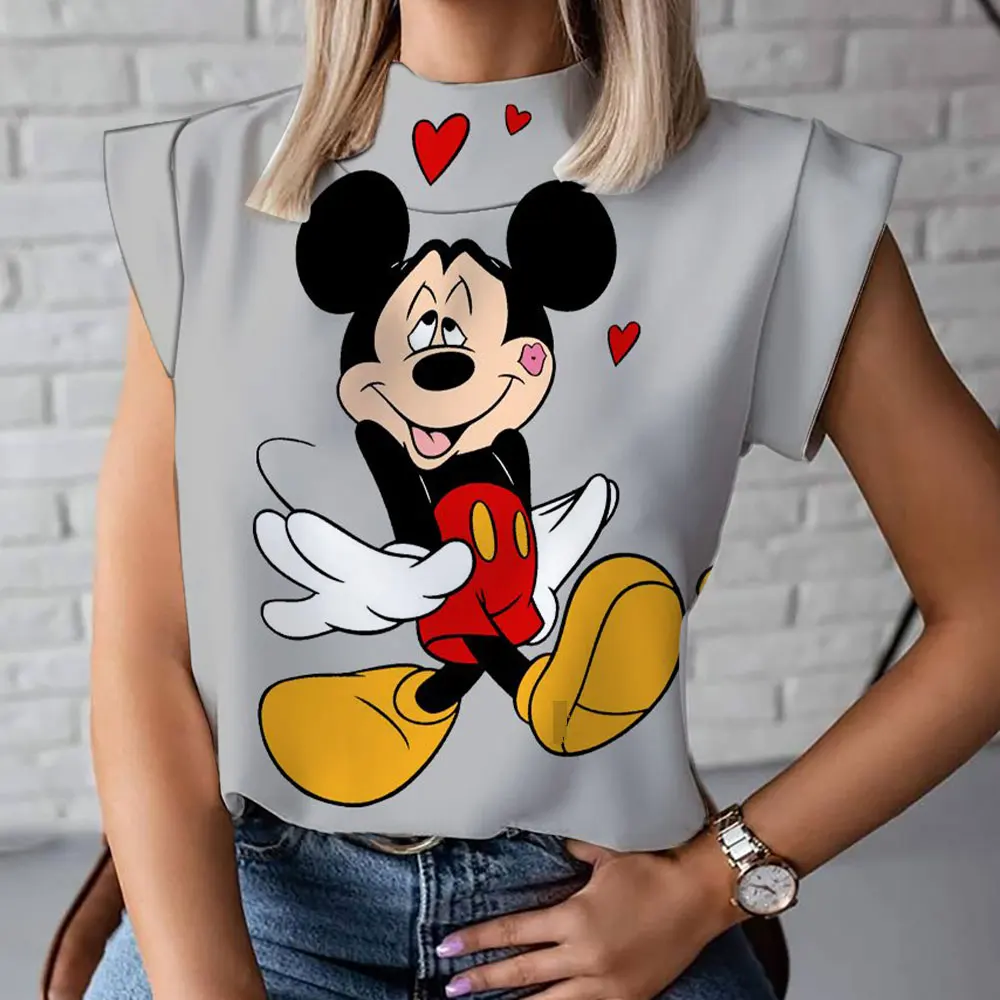 

2024 Summer New Fashion Casual Women's All-match Mickey Minnie Cartoon Print Harajuku Street Style Turtleneck T-shirt Vest