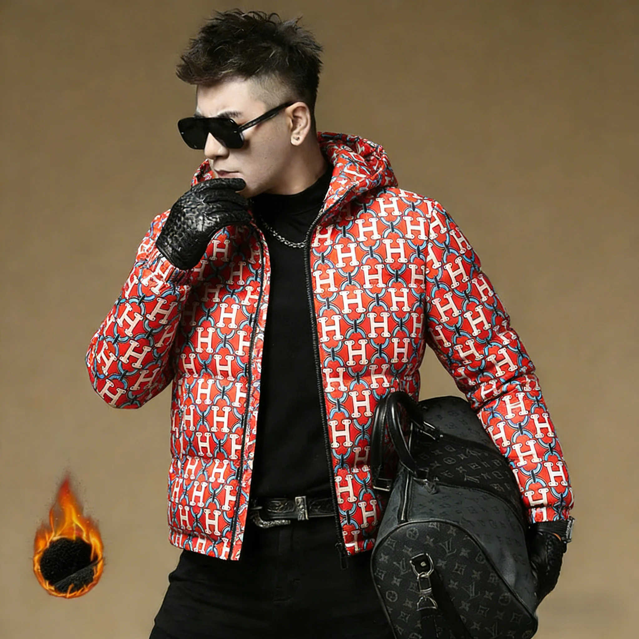 

Мужская зимняя куртка с капюшоном, новая модель, с принтом, теплая верхняя одежда, модная, белая, из полиэстера с наполнителем из пуха.