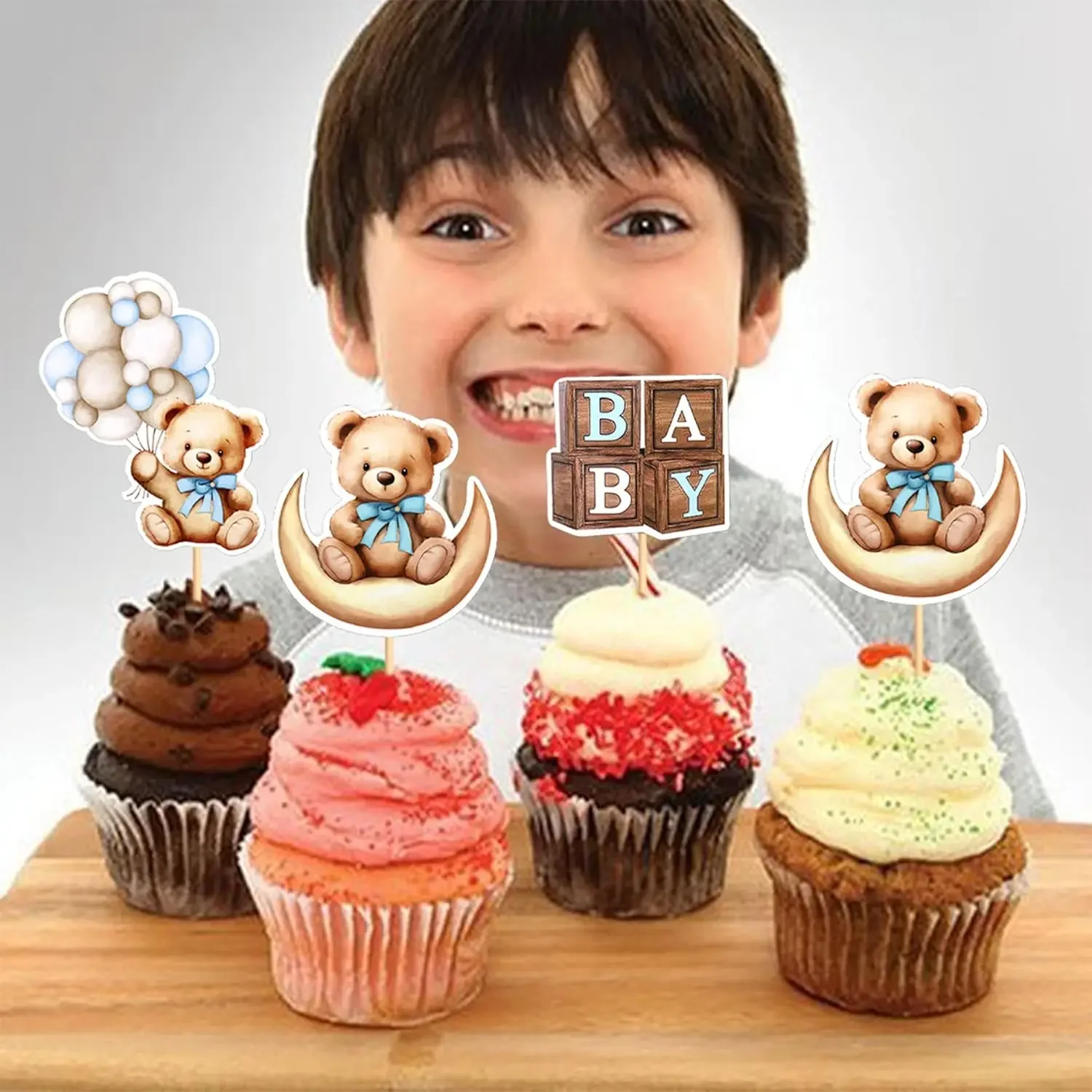 24 stks Baby Beer Cupcake Toppers Maan Beer Cupcake Picks voor Baby Douche Geslacht Onthullen Jongens Meisjes Verjaardagsfeestje Taart Decoraties