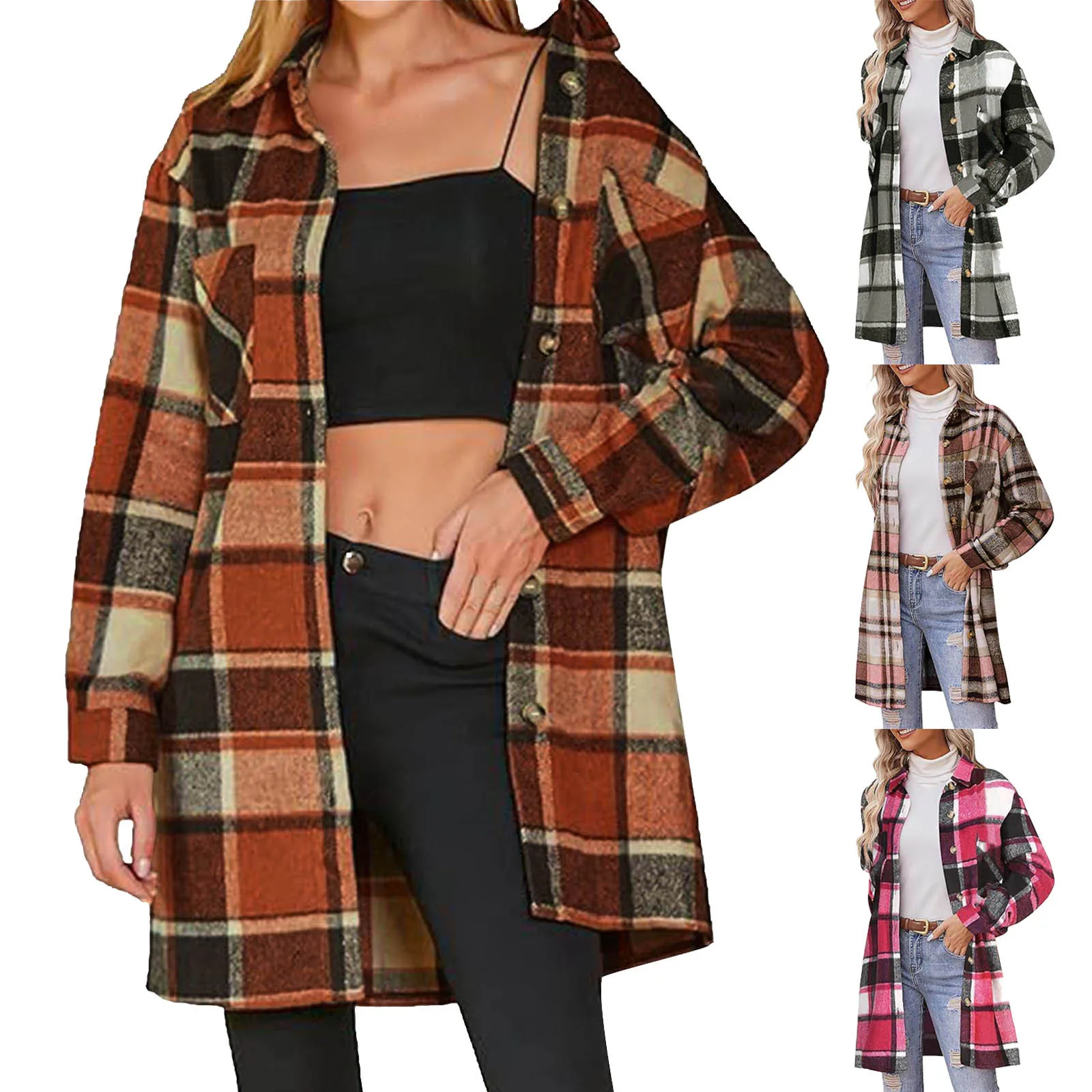 Autumn Women Fashion Plaid Shacket Single Breasted Color Blocking Lapel Blouse Jackets Office Lady Casual Checked Outerwear Coat