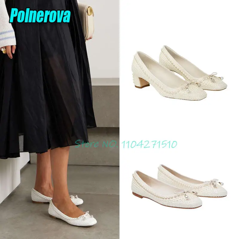 

White Pearl Bow Shallow Pumps Wedding Dress Shoes Summer New Square Toe Thick Heel Mary Jane Shoes Elegant Fairy Casual Flats