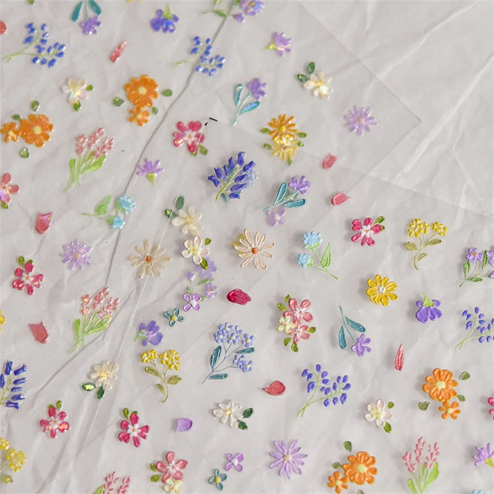 Colorido Primavera Wildflowers Unhas Adesivos, 5D Auto-Adesivo, Flash Art Decorações, DIY Manicure Acessórios, Kawaii, japonês, 1Pc