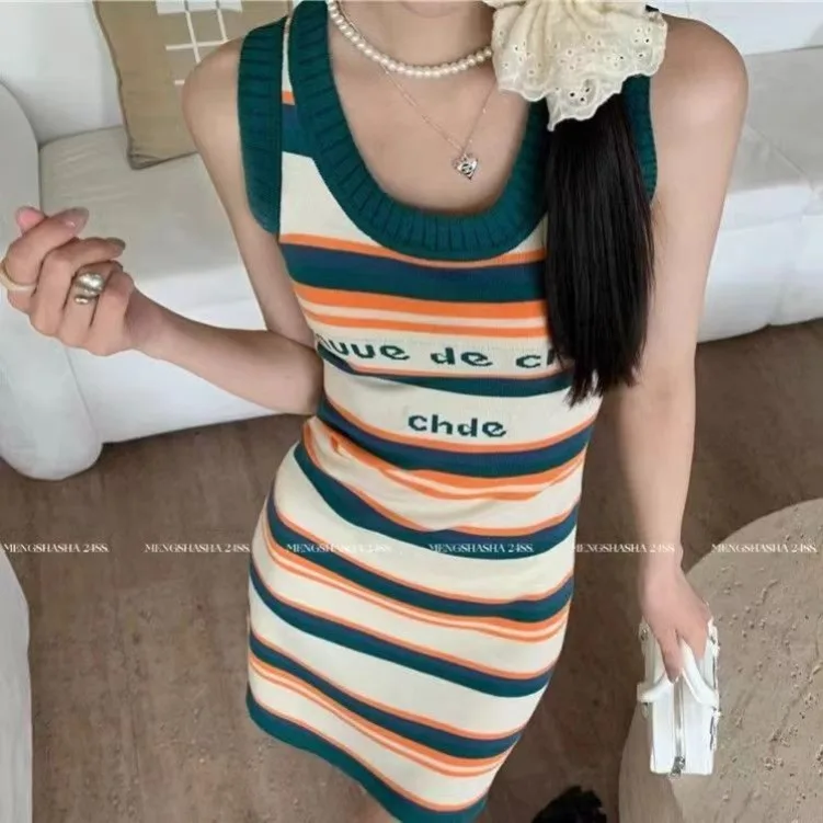 

New Women Y2K Sexy Sleeveless Round Neck Striped Sheath Mini Dresses Hotsweet Style High Waist Slim Fit Summer Camisole Dress