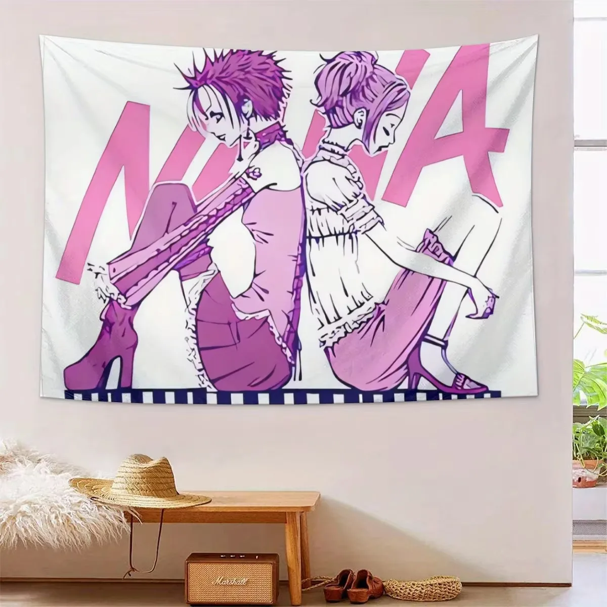 NANA Anime Two Heroines Back Tapestry, Pink Purple Print Wall Hanging Decor for Bedroom Study Dorm Fan Room Background Gift