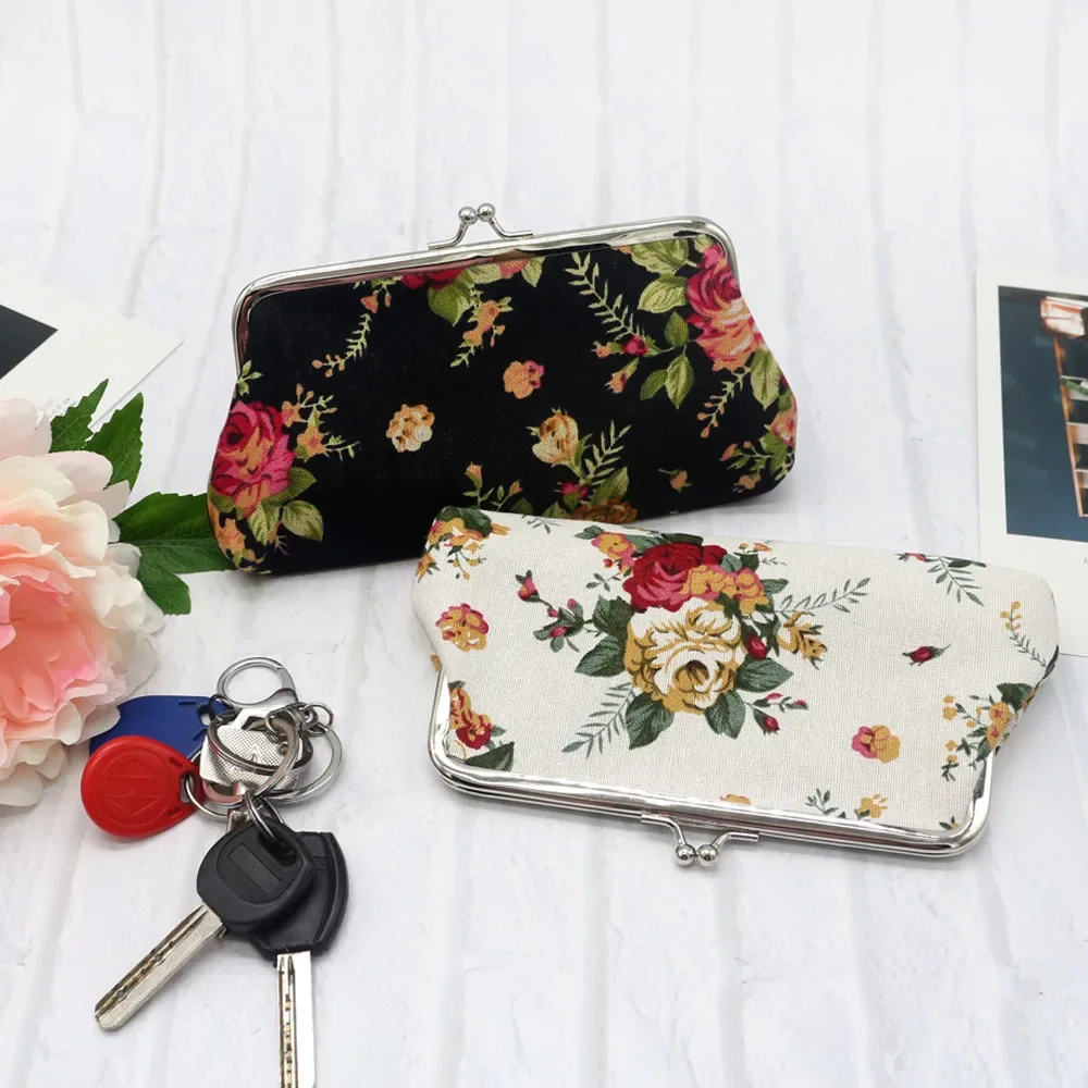 Women Canvas Fabric Big Rose Pattern Zero Coin Purse Two Metal Button Pocket Coin Pouch Key Credit Card Holde Phone Case Wallet