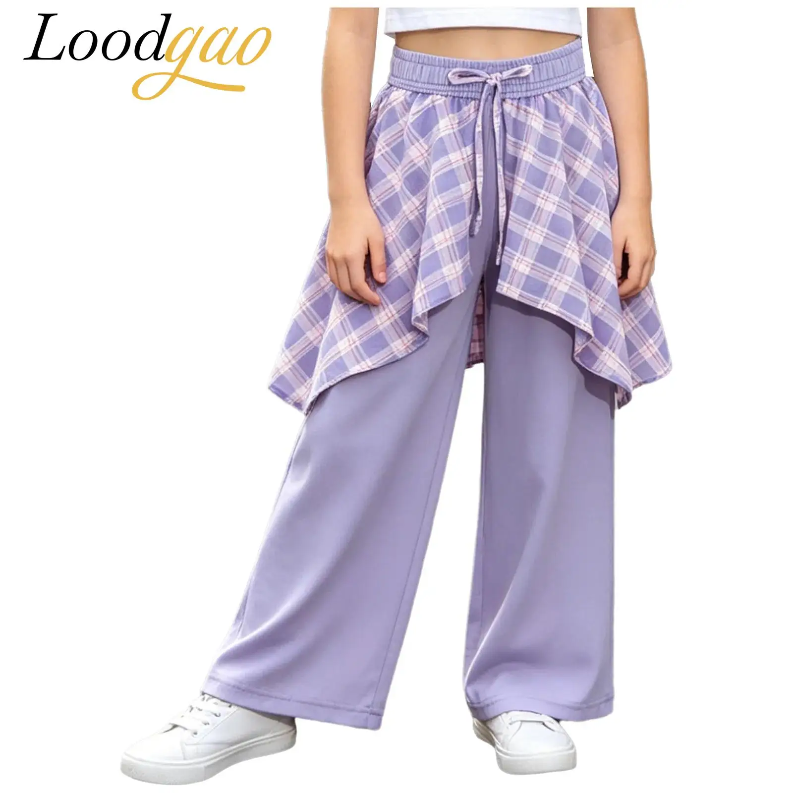 Kids Teen Girls Hip Hop Dance Trousers Fashion Y2k Vintage Plaid Skirt Overlay Fake Two-piece Style Wide-leg Jazz Dance Costume