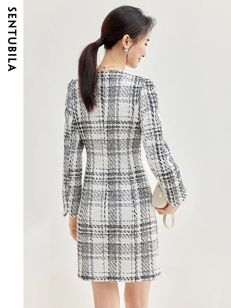 SENTUBILA Plaid Dress Women Spring Autumn New Elegant Retro Office Ladies Midi Temperament Contrast Straight Dresses 133L50797