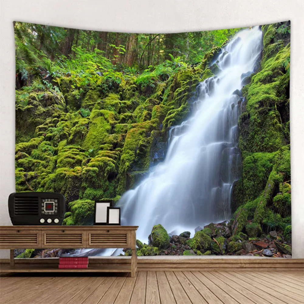 Jungle Waterfall Tapestry, Natural Green Landscape, Photo Background, Home Decoration, Living Room, Dormitory Wall Hanging