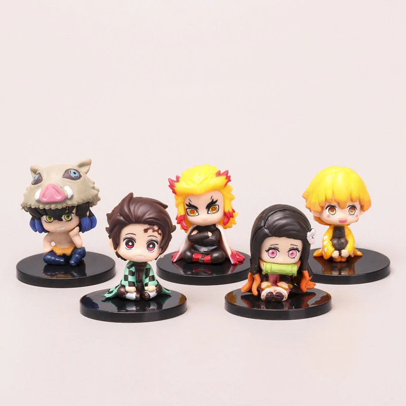 5Pcs/Set Demon Slayer Q Version Sitting Figure Toy Anime Kimetsu no Yaiba Tanjiro Nidouzi Inosuke Zenizu PVD Figurine Model Doll