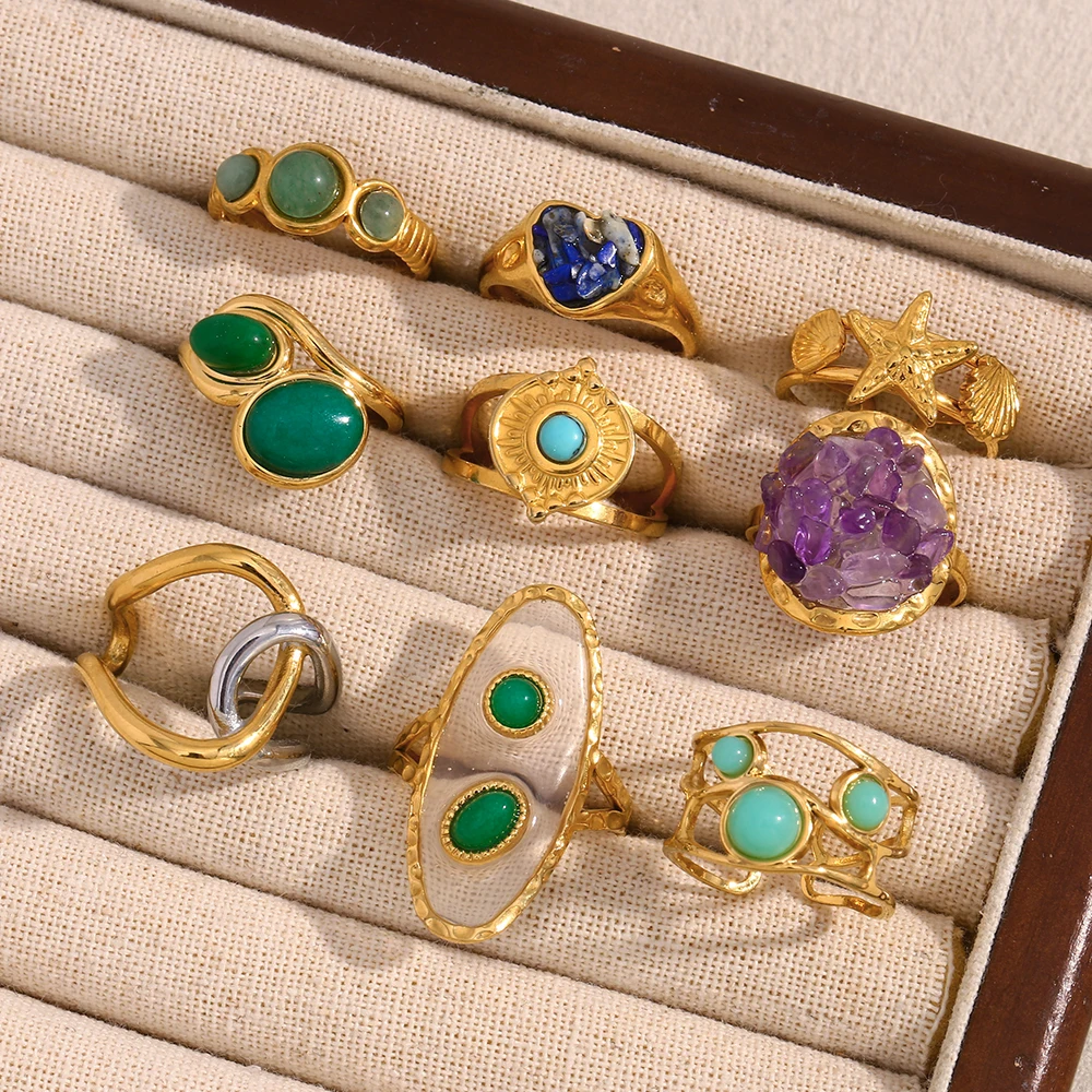 E.B.belle جديد الفولاذ المقاوم للصدأ نجم البحر القلب الأخضر اللون جولة الحجر الطبيعي الكفة الدائري PVD مطلي خمر نمط فنجر مجوهرات #3