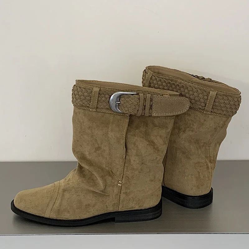 Aneikeh Low Heels Ankle Boots Fashion Vintage Designer Weave Belt Buckle Woman Round Toe Shoes Modern Short Booties