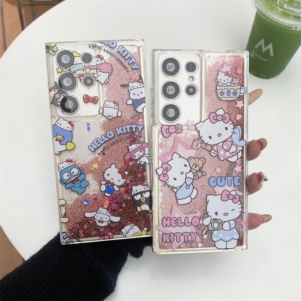 Liquid Glitter Quicksand Phone Case For Samsung Galaxy S25 Ultra S24 FE S23 S22 S21 Plus Acrylic Cover Sanrio Hello Kitty