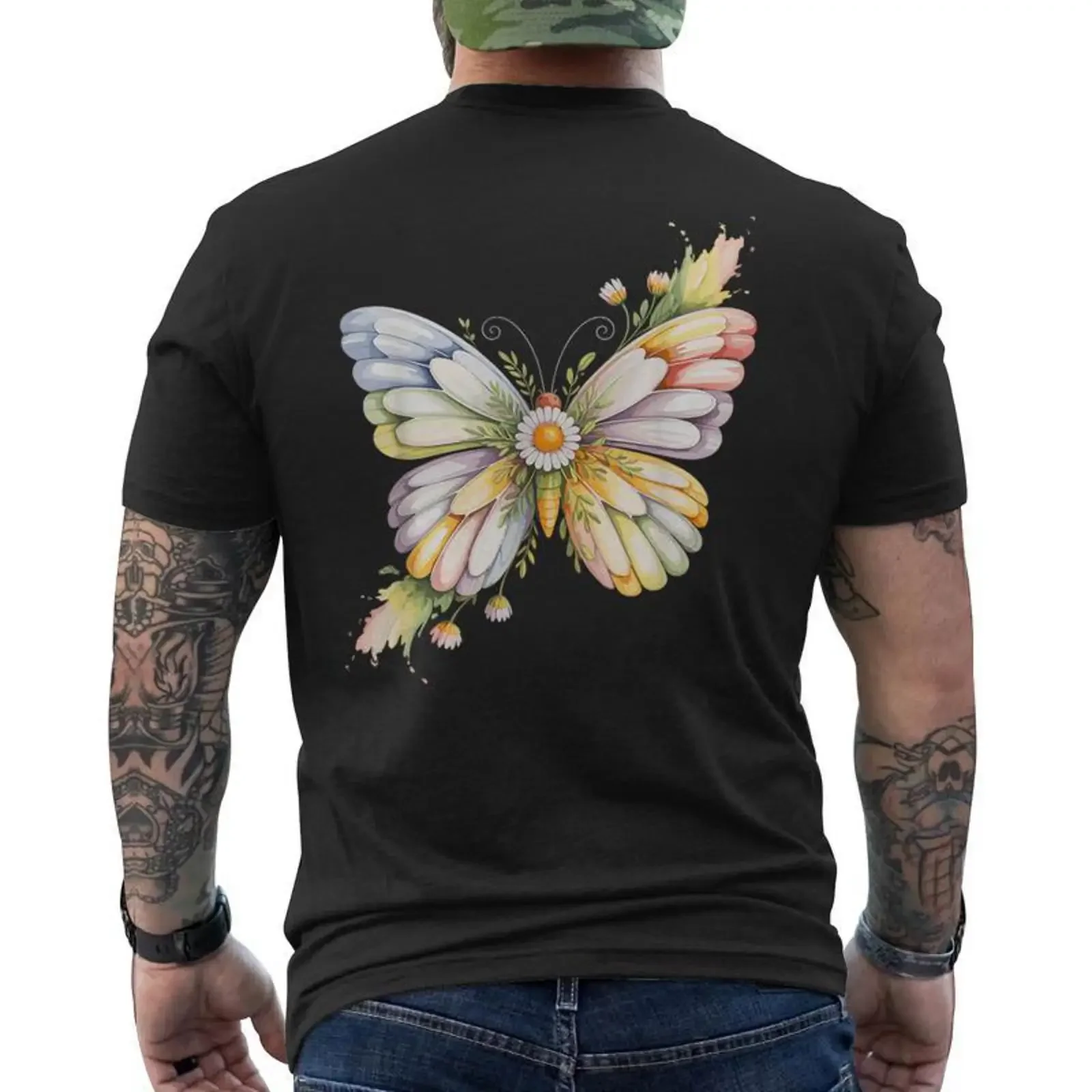 Fleurs Papillon Papillons Lépidoptériste T-Shirt mit Aufdruck auf der Rückseite Cadeauxyz Vintage Washed Bequem Lässig Stilvoll Atmungsaktiv