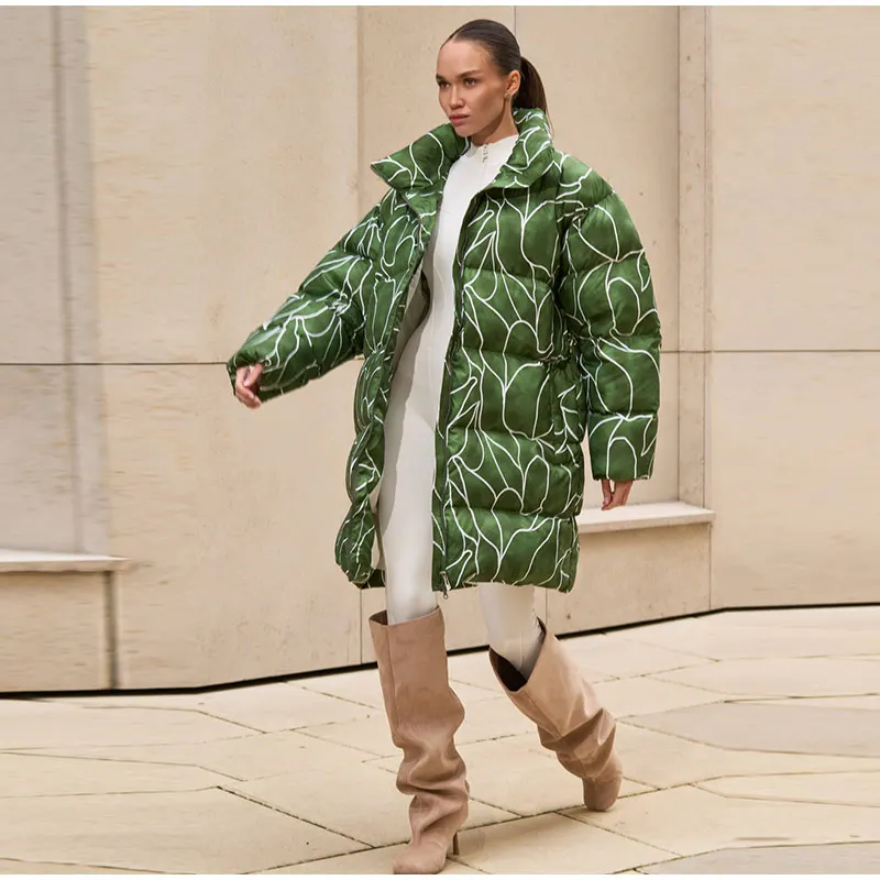 Leopard Print Hooded Puffer Women's Winter Coat Belted Waist Midi Length Padded Jackets for Woman Jacket Warm Streetwear